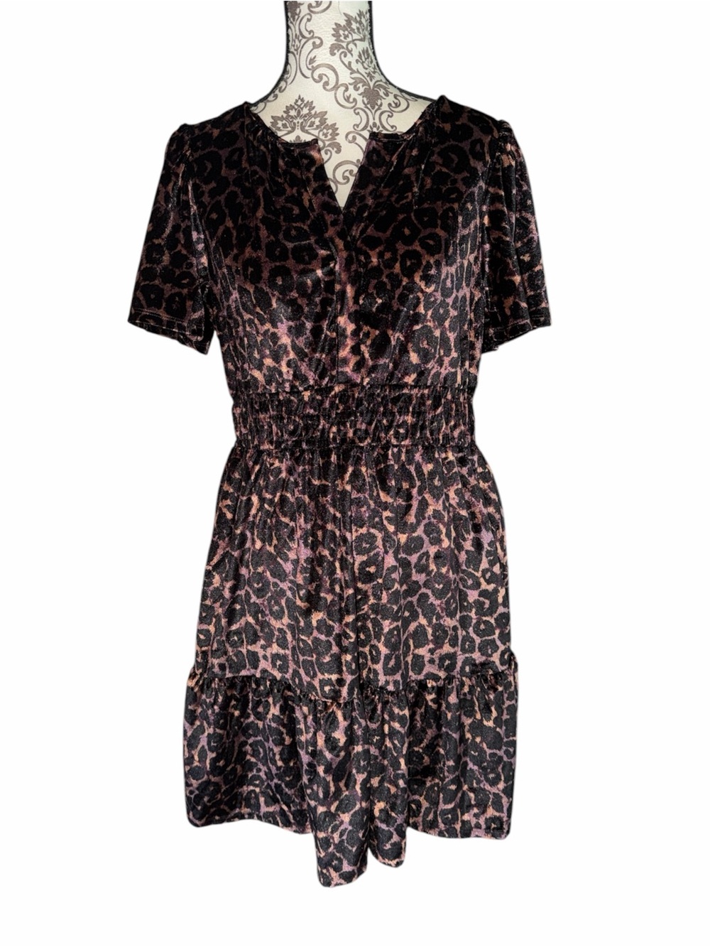 Leopard Print Velvet Short Sleeve Dress -